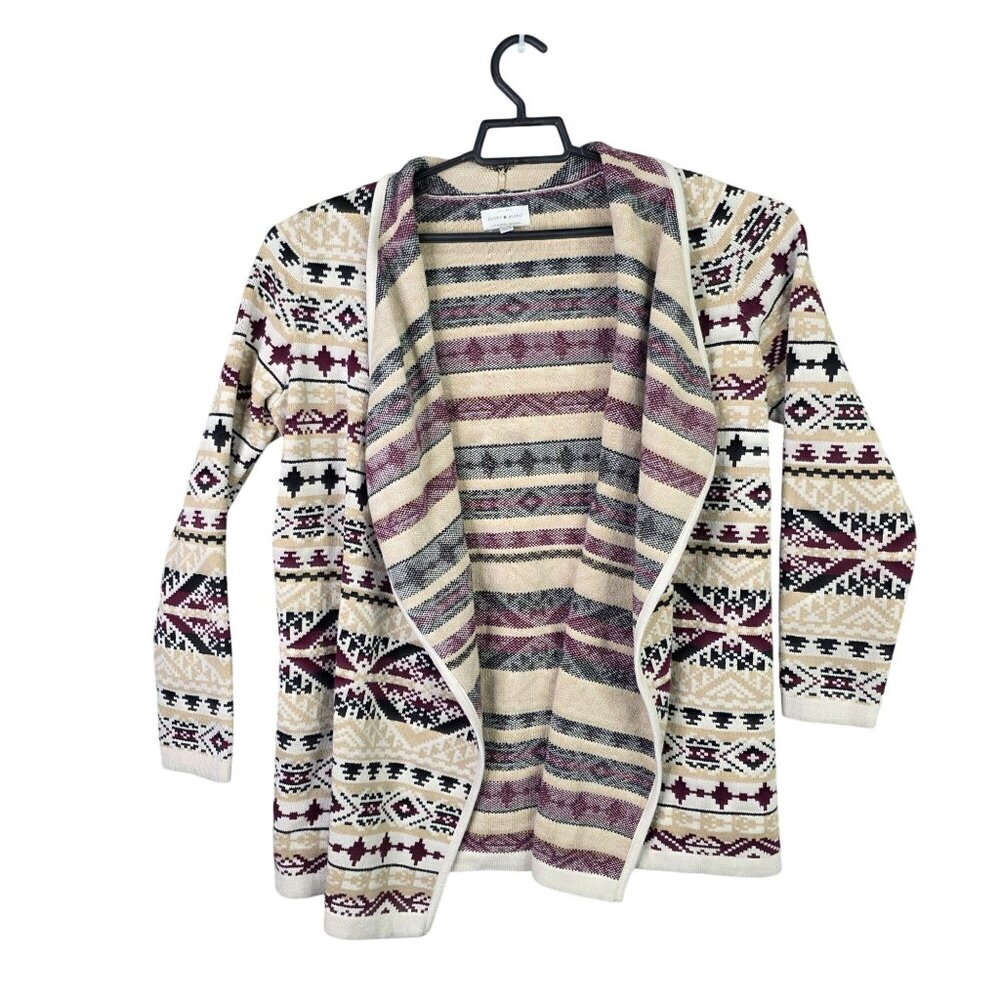 Womens Lucky Brand Beige Aztec Pattern Open Front Cardigan Long Sleeve Size L